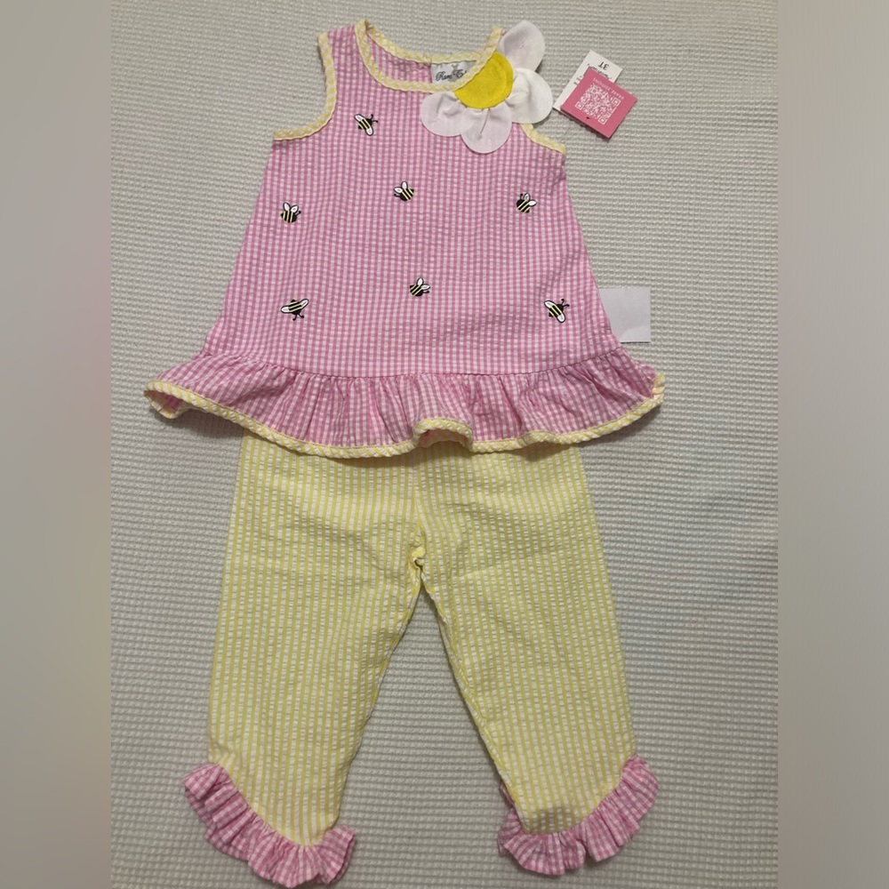NWT Rare Editions 3t Girls Spring Bee Seersucker Outfit - Sleeveless Top + Pants